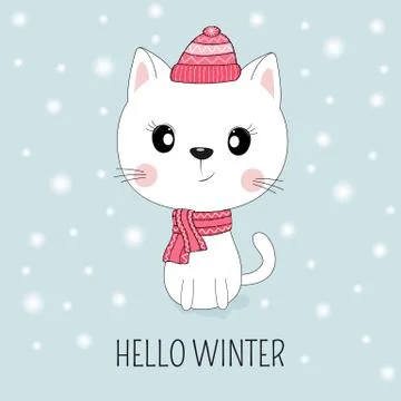 Cute white cat in hat with message Hello Winter. Stock Illustration