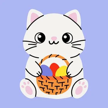 Cute White Cat Holding Easter Eggs in a Basket Stock Illustration