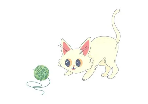Cute white cat playing with a ball of thread, kawaii Illustrazione stock