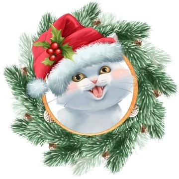 Cute white cat in Santa hat. Christmas illustration Stock Illustration