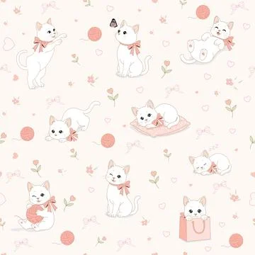 Cute white cat seamless pattern in cozy pastel style イラスト素材