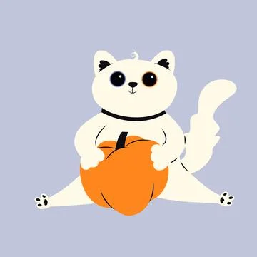 A cute white cat sits and hugs a Halloween pumpkin Stock Illustration