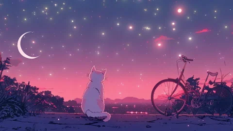 A cute white cat sitting on the ground with a bicycle Stock Footage 278440892