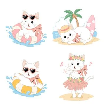 Cute white cat summer beach vector illustration set Stock Illustration
