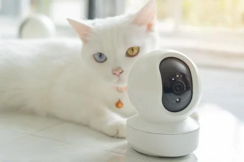 Cute white cat with two-colored eyes sitting by window on floor beside mode.. Stock Photos