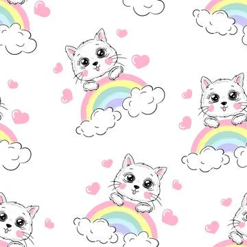 Cute white cats seamless pattern, little kitty on rainbow and clouds. Girlish 스톡 일러스트