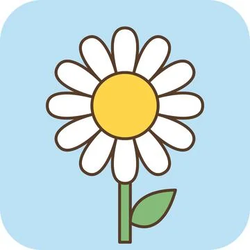 Cute white daisy flower flat icon with thick outline on blue background. Illustrazione stock