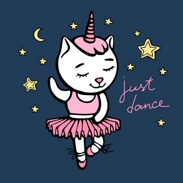 Cute white dancing cat unicorn with horn on dark blue background with hearts Stock Illustration