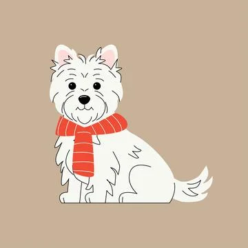 Cute white dog in a red striped scarf sitting on a beige background. Cozy winter Stock Illustration