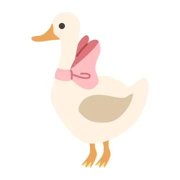 Cute white duck with a pink bow: vector flat illustration of a farm bird Stock Illustration