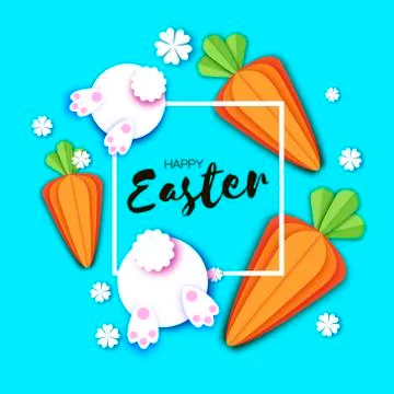 Cute White Easter bunnies and carrots. Rabbit booty. Happy Easter in paper cut Stock Illustration
