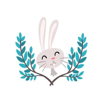 Cute White Easter Bunny and Green Spring Twigs Vector Illustration Stock Illustration