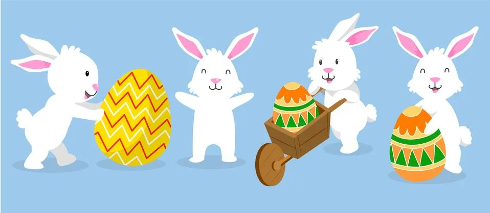 Cute White Easter Bunny Collection - Flat Vector Illustration Stock Illustration