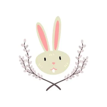 Cute White Easter Bunny Head with Willow Twigs Vector Illustration Stockillustratie