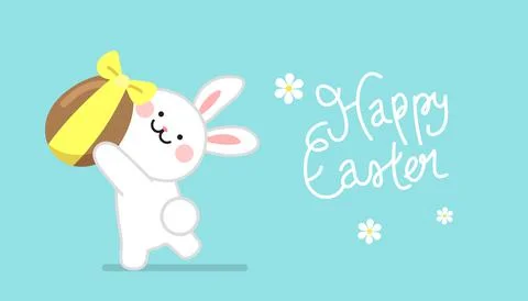 Cute white easter bunny holding a big chocolate egg vector Stockillustratie
