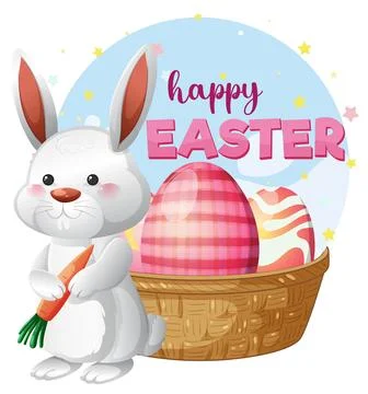Cute White Easter Bunny Holding Carrot Next to Basket of Eggs Stock Illustration
