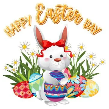 Cute White Easter Bunny Holding Painted Egg with Spring Flowers 스톡 일러스트