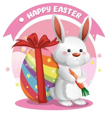 Cute White Easter Bunny Holding Carrot Next to Large Rainbow Egg Stock Illustration