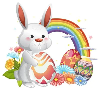 Cute White Easter Bunny Holding a Large Decorated Egg with Rainbow Background Stock Illustration