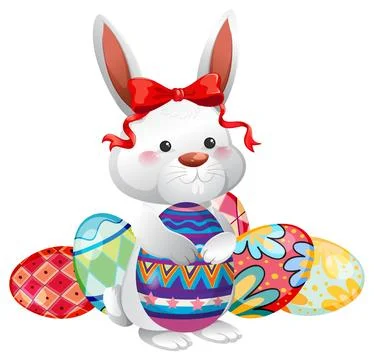 Cute White Easter Bunny Holding a Colorful Patterned Egg Illustration Stock Illustration