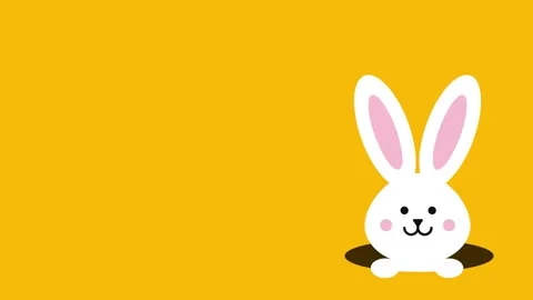 Cute white Easter bunny peeking out of a hole on yellow background Stock Footage 330230929
