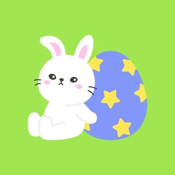 Cute White Easter Bunny Sitting Next to a Blue Egg with Yellow Stars Stock Illustration