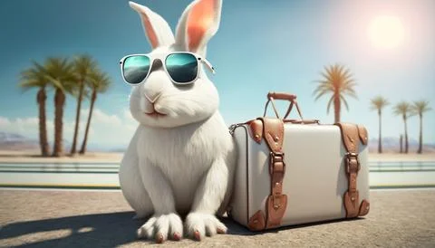 Cute white easter bunny in sunglasses with luggage on vacation at the resort Stock Illustration
