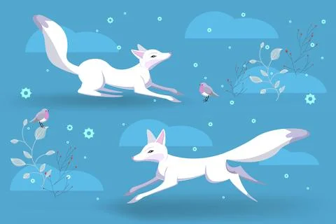 Cute White Foxes Play on Clearing in Winter, Red berries and Birds. Snowflake Stock Illustration
