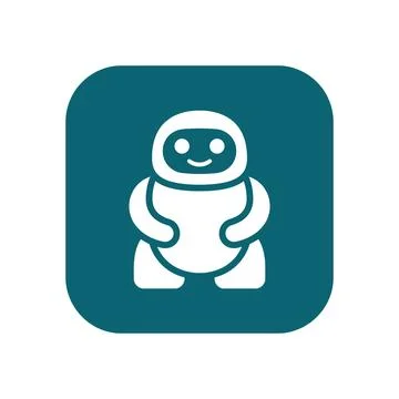 Cute white friendly robot character avatar on teal square icon for artifici.. Stock Illustration