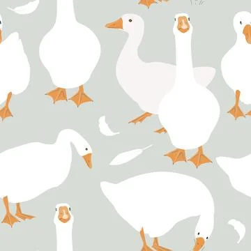 Cute white geese seamless pattern. Vector goose illustration background. 스톡 일러스트