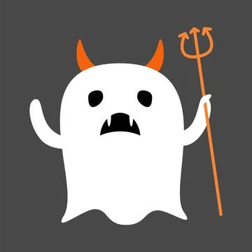 Cute white ghost with devil costume . Halloween cartoon character . Flat de.. Stock Illustration