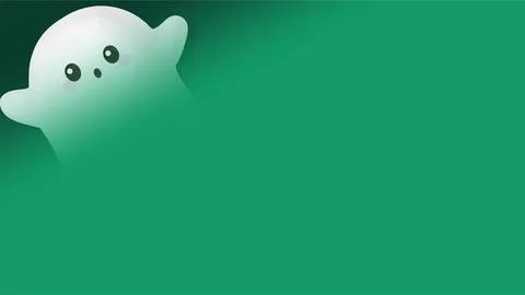 Cute white ghost peeking from the corner with green background and copy spa.. Stock Illustration