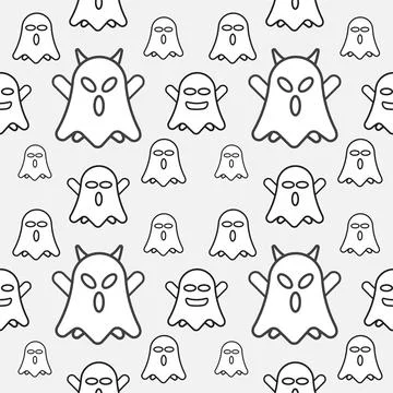 Cute white ghost seamless pattern design template. Black outline design sty.. Stock-Illustration