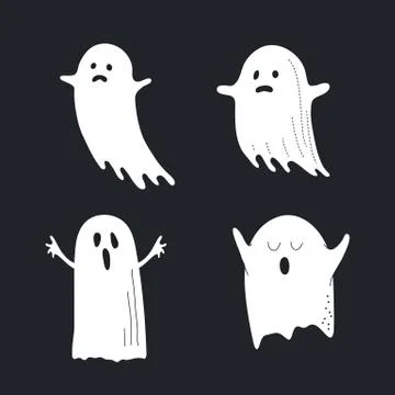 Cute white ghost set, phantom silhouette isolated on black background Stock Illustration