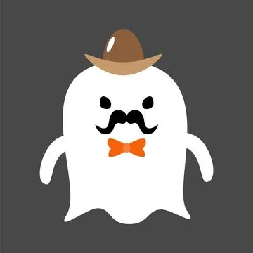 Cute white ghost wear hat and bow tie . Halloween cartoon character . Flat .. Stock Illustration