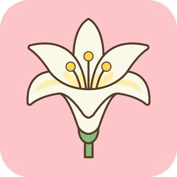 Cute white lily flower flat icon with thick outline on pastel background. Stock Illustration