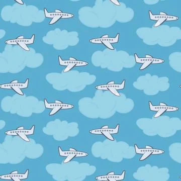 Cute white planes in the sky with clouds pattern Stock Illustration