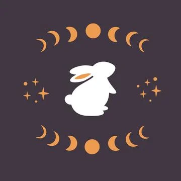 Cute white rabbit with astrological, esoteric elements. Moon phases Stock Illustration