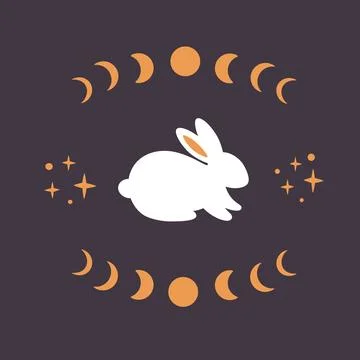 Cute white rabbit with astrological, esoteric elements. Moon phases, stars Stock Illustration