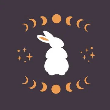 Cute white rabbit with astrological, esoteric elements. Moon phases, stars Иллюстрация