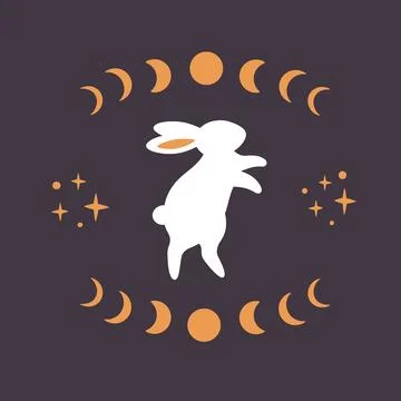 Cute white rabbit with astrological, esoteric elements. Moon phases, stars Stock Illustration