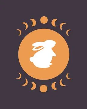 Cute white rabbit with astrology elements. Year of the Rabbit. Иллюстрация