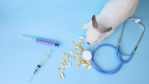 Cute white rabbit bunny with stethoscope,in box,or with pills Stock-Footage 276854530