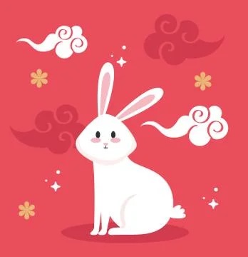Cute white rabbit cartoon with clouds vector design Stock Illustration