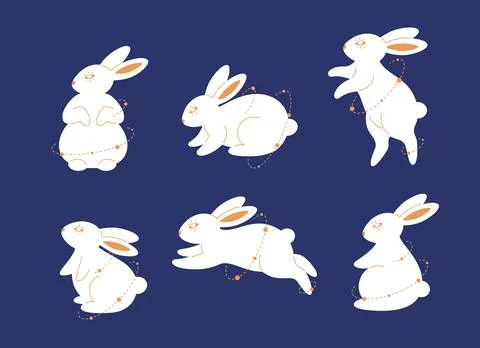 Cute white rabbit in different poses. Magician bunny. Year of the Rabbit. Stock Illustration