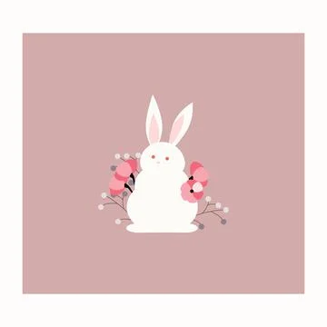 Cute white rabbit in flowers. Vector art. Stock Illustration