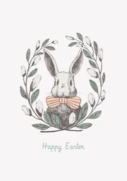 Cute white rabbit in a frame of willow twigs. Stock Illustration