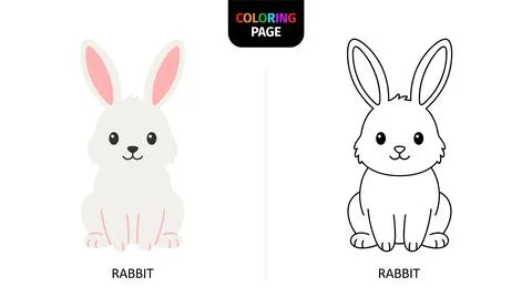 Cute white rabbit illustration and outline for coloring page, simple cartoon Stock Illustration