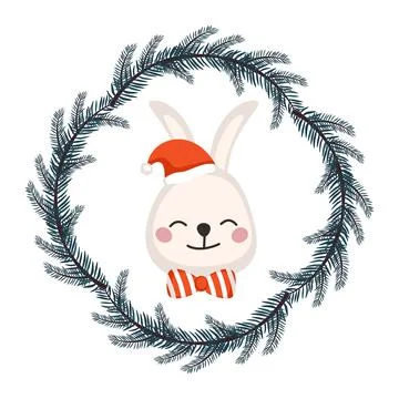 Cute white rabbit or hare in Santa hat and bow Stock Illustration