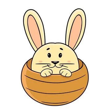 A cute white rabbit is sitting in a wicker basket. Stock Illustration